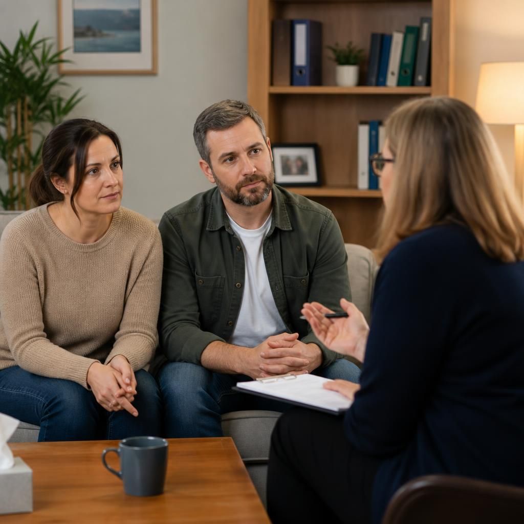 Foster carers talking with a supervising social worker during a support meeting