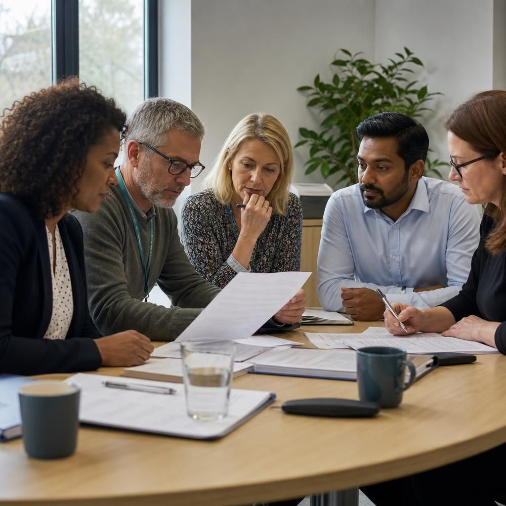 Fostering panel members reviewing an assessment report during a meeting