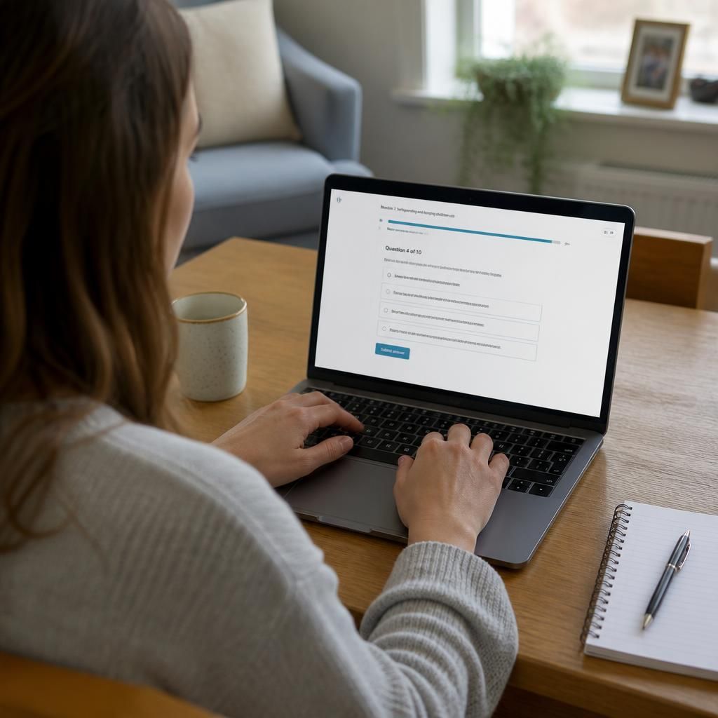 Learner completing an online training quiz on a laptop