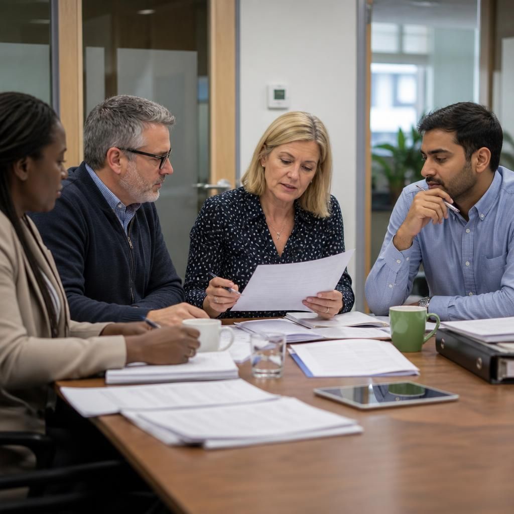 Fostering panel members reviewing an applicant’s assessment documents