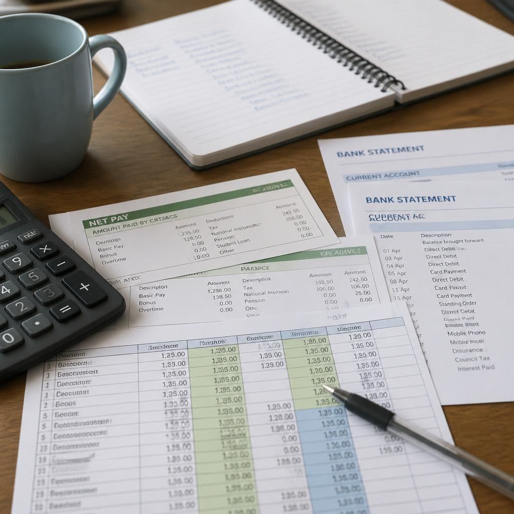 Household budget spreadsheet beside payslips and bank statements