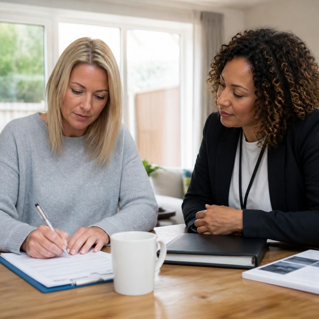 Foster carer completing application paperwork with a social worker