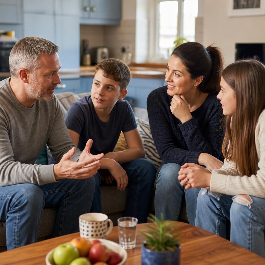 Family members talking together at home