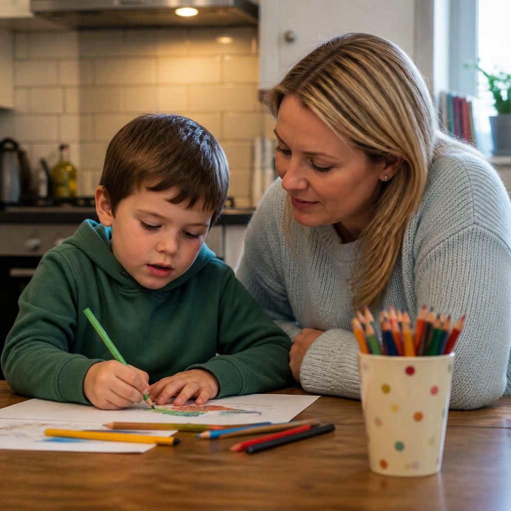 Foster carer and child drawing together at a kitchen table