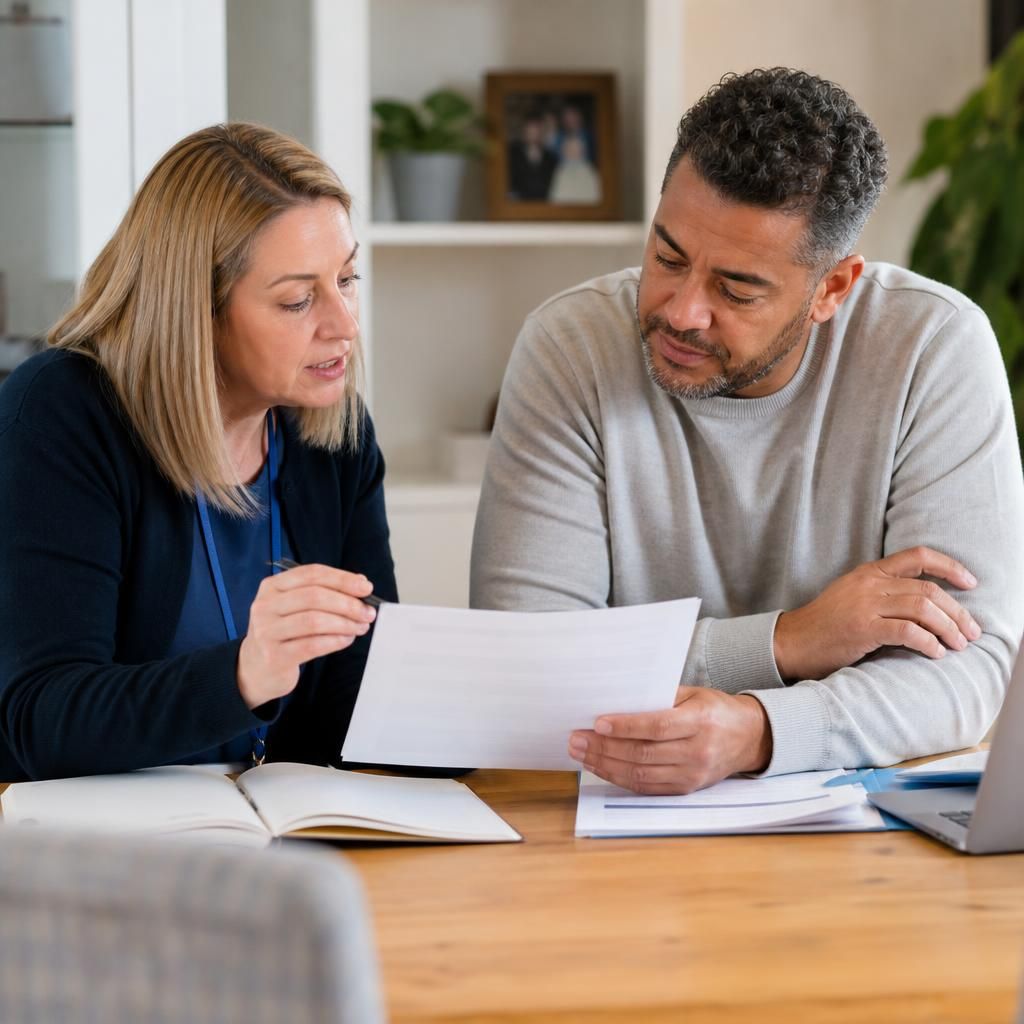 Foster carer reviewing a respite placement payment agreement with an adviser