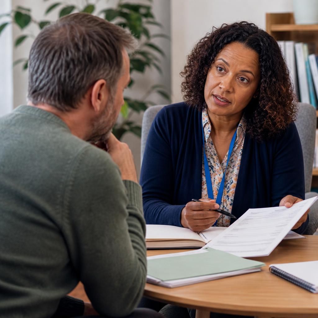 Applicant discussing fostering assessment documents with a social worker