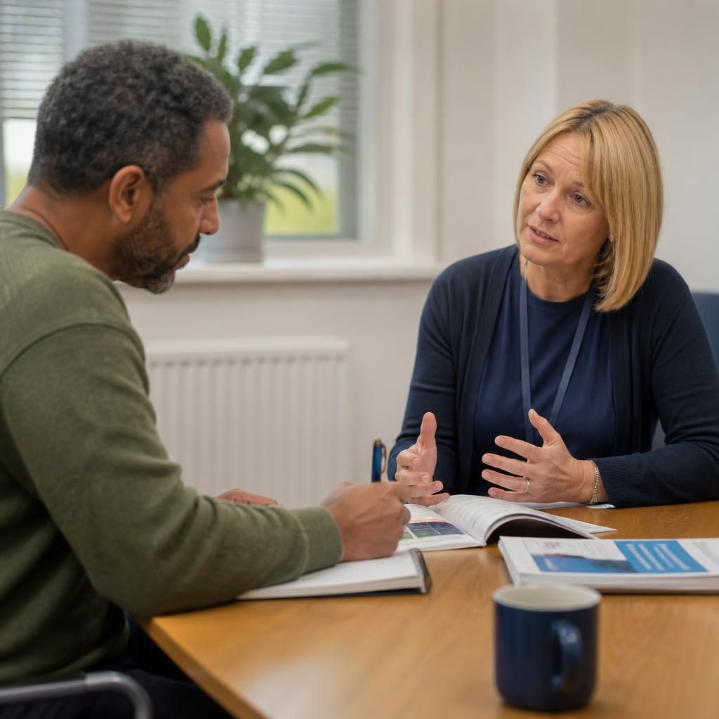 Foster carer taking notes during a training session with a social worker