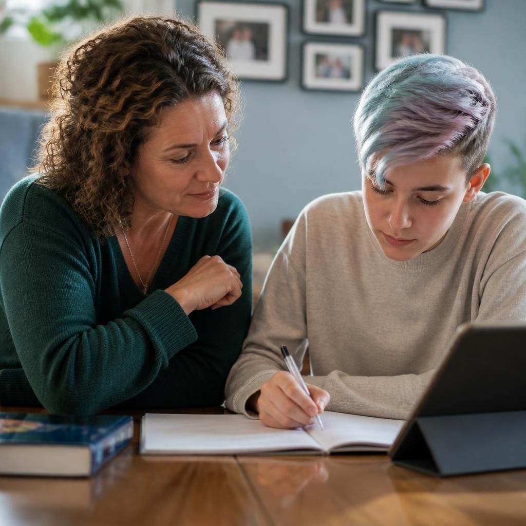 Foster carer supporting a young person with schoolwork