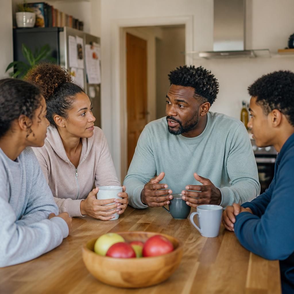 Family members talking together at a kitchen table