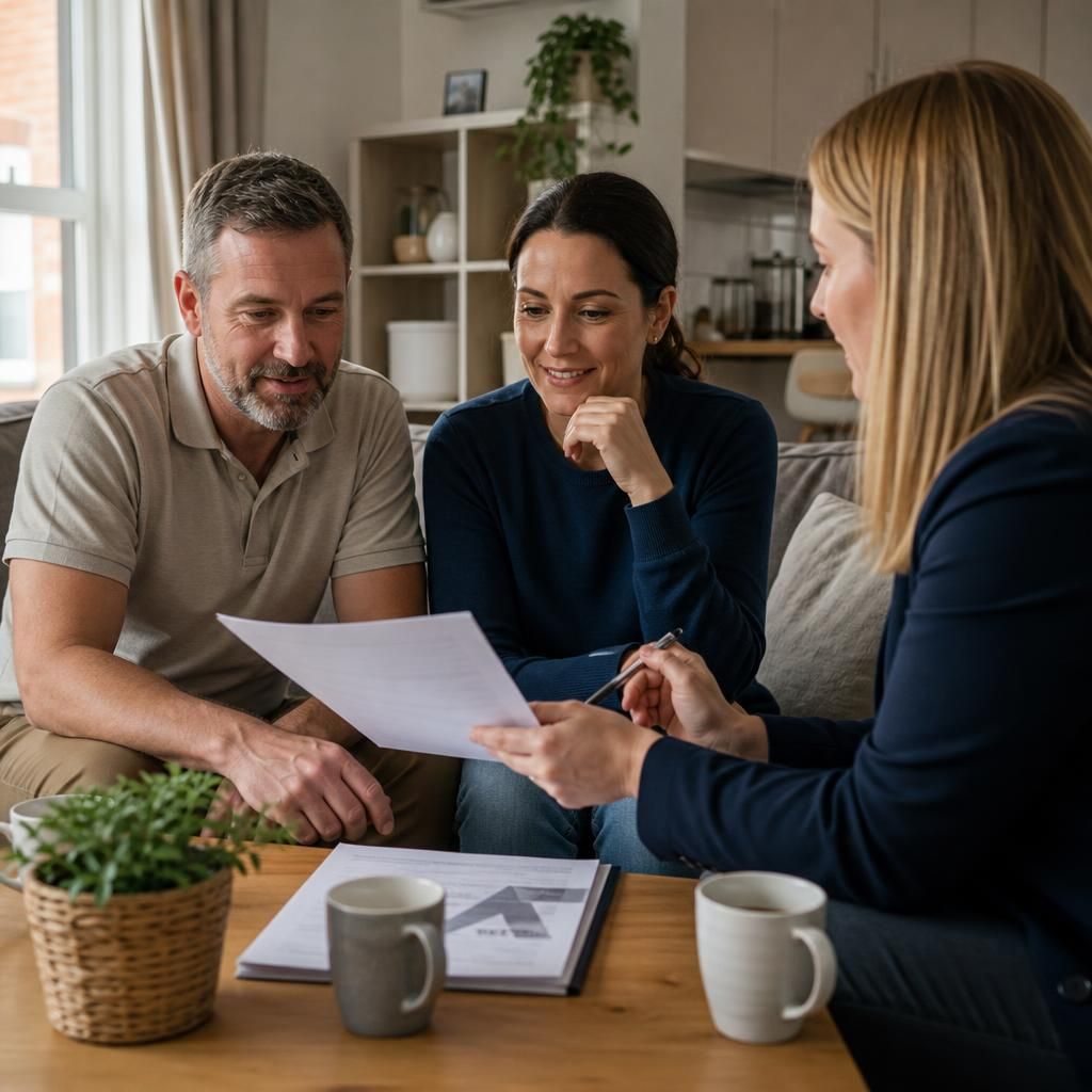 Fostering applicant discussing paperwork with a social worker at home