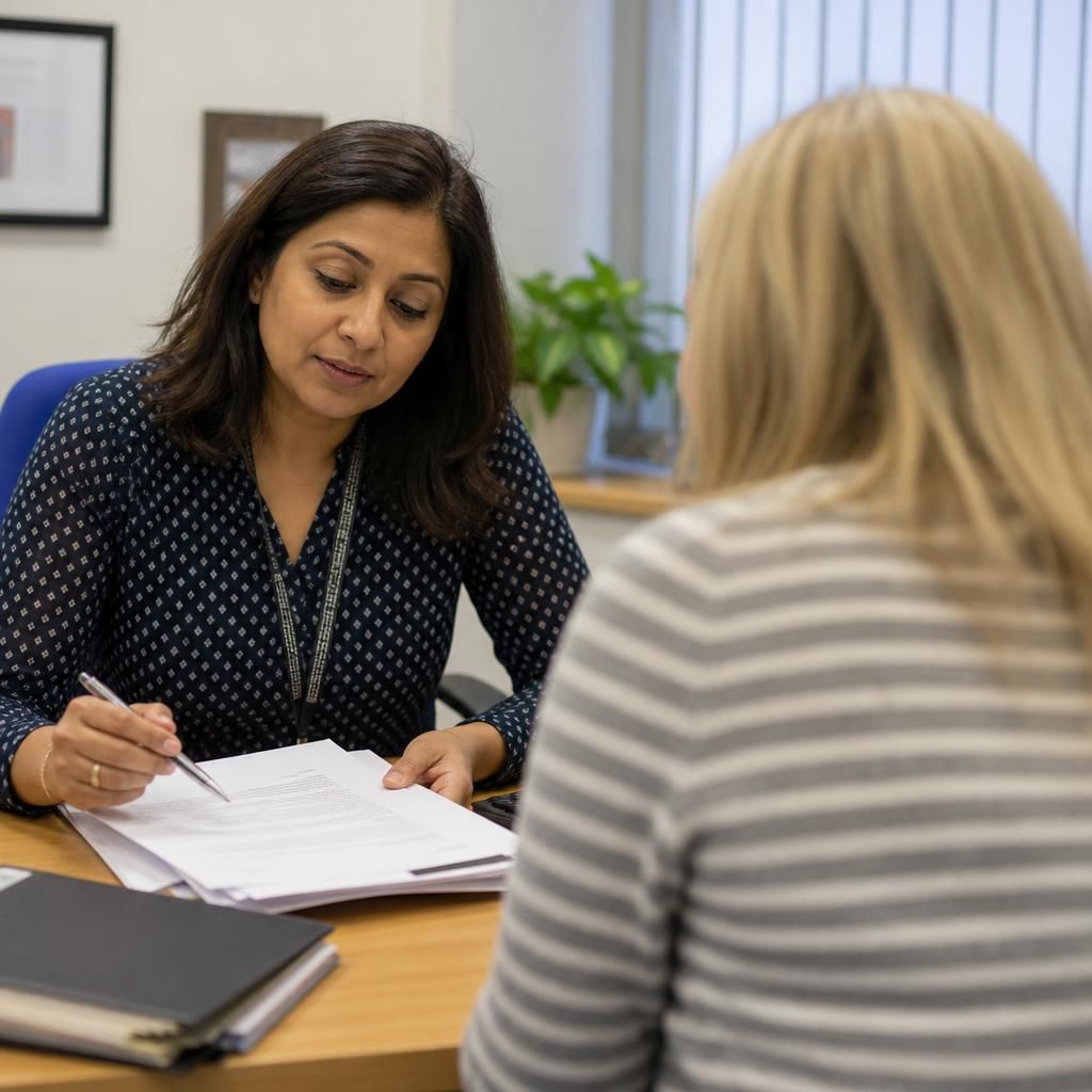 Social worker reviewing fostering assessment documents with a prospective foster carer