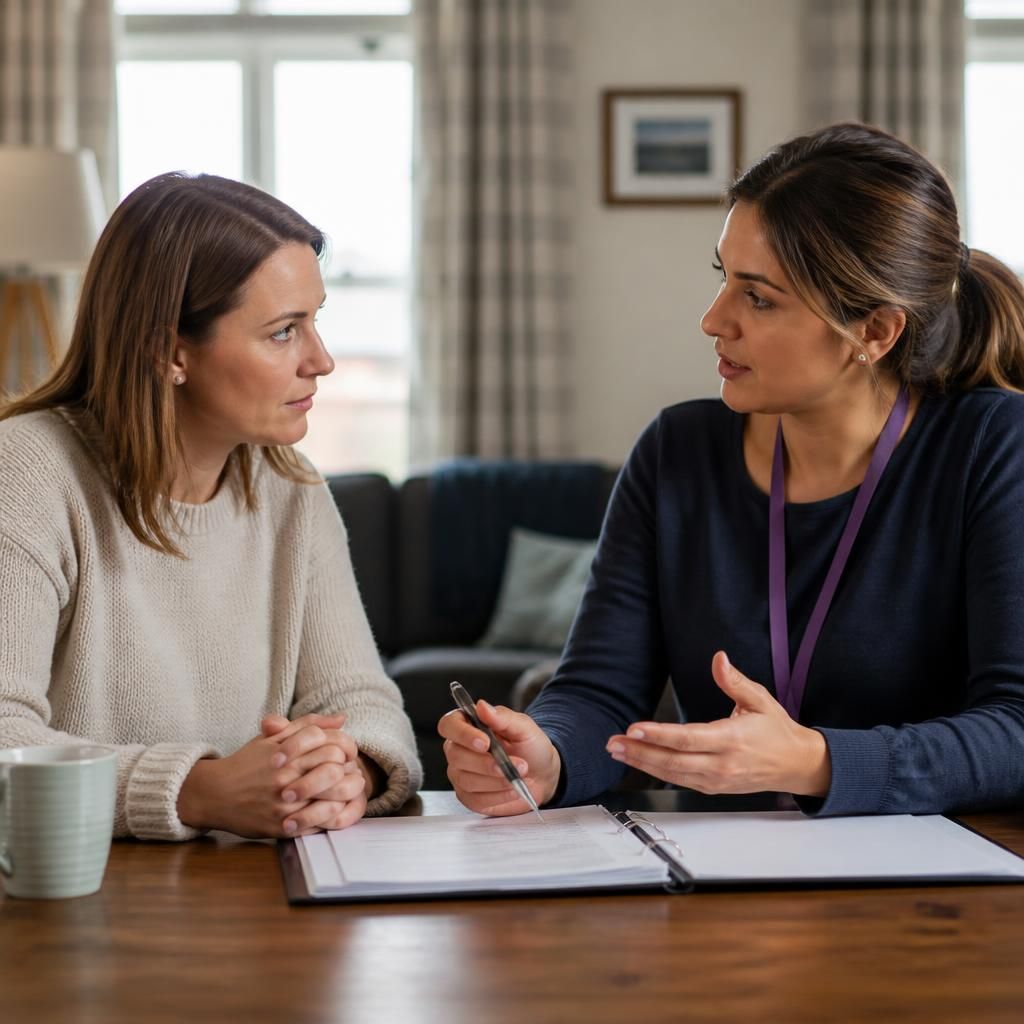 Applicant discussing updated household details with a fostering social worker