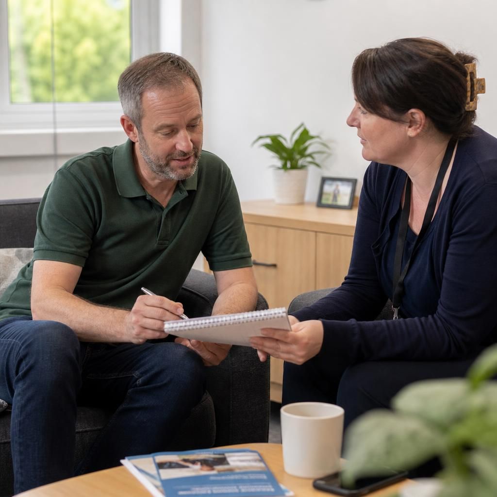 Foster carer discussing training notes with a supervising social worker