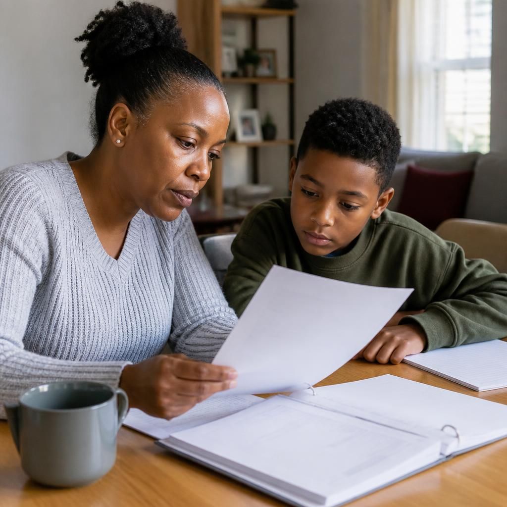 Kinship carer reviewing placement documents with a child
