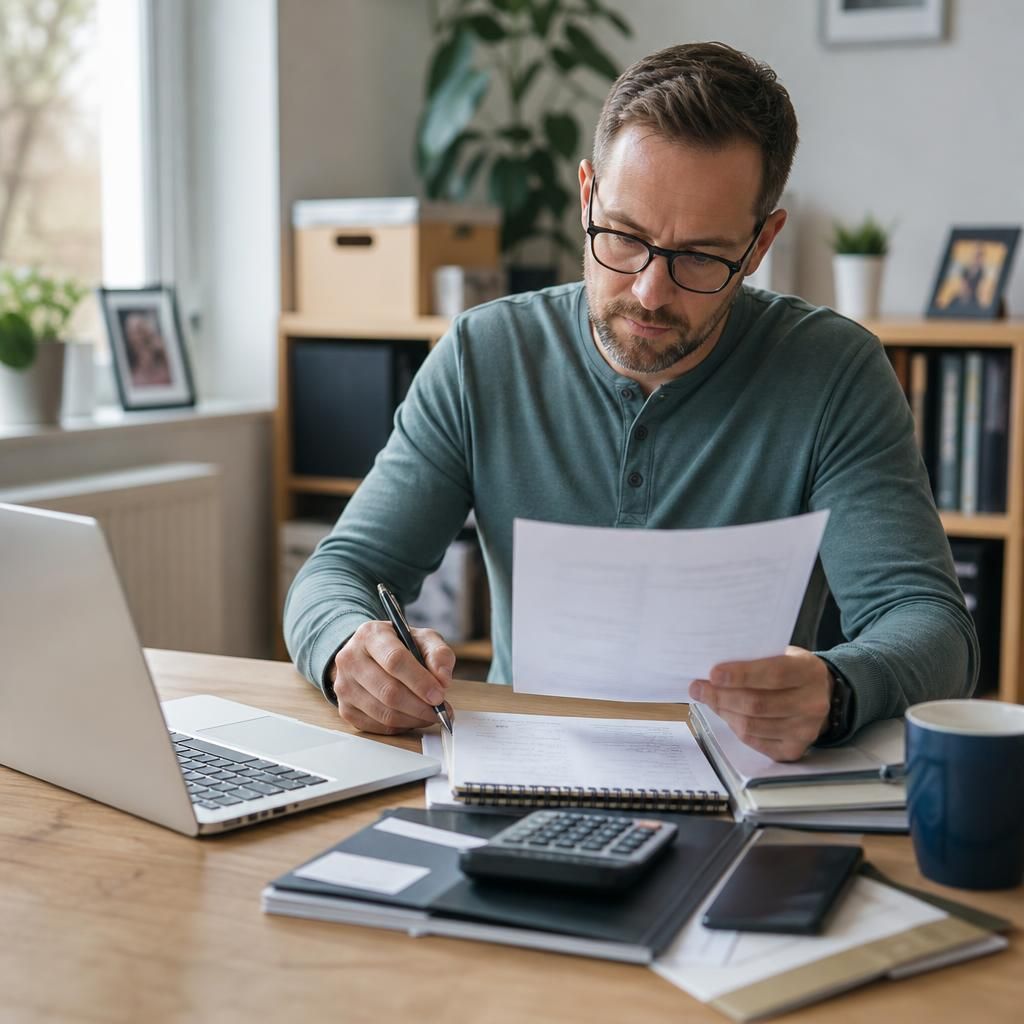 Foster carer reviewing paperwork beside a laptop and business planner