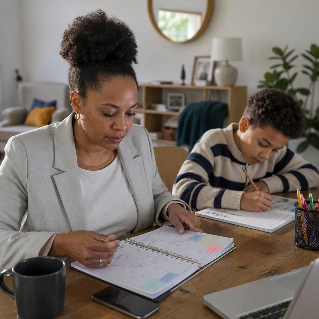 Foster carer reviewing a work calendar while a child completes homework nearby