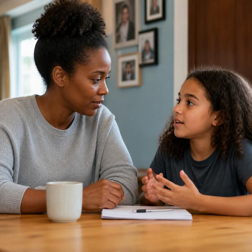 Adult and child talking together at a table