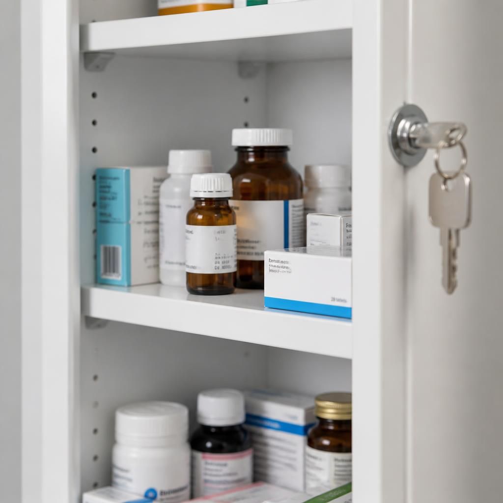 Locked medicine cabinet containing labelled prescription medicines