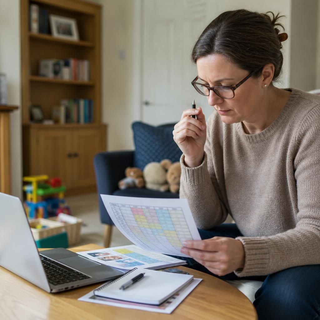 Foster carer reviewing a work timetable and child’s care plan at home
