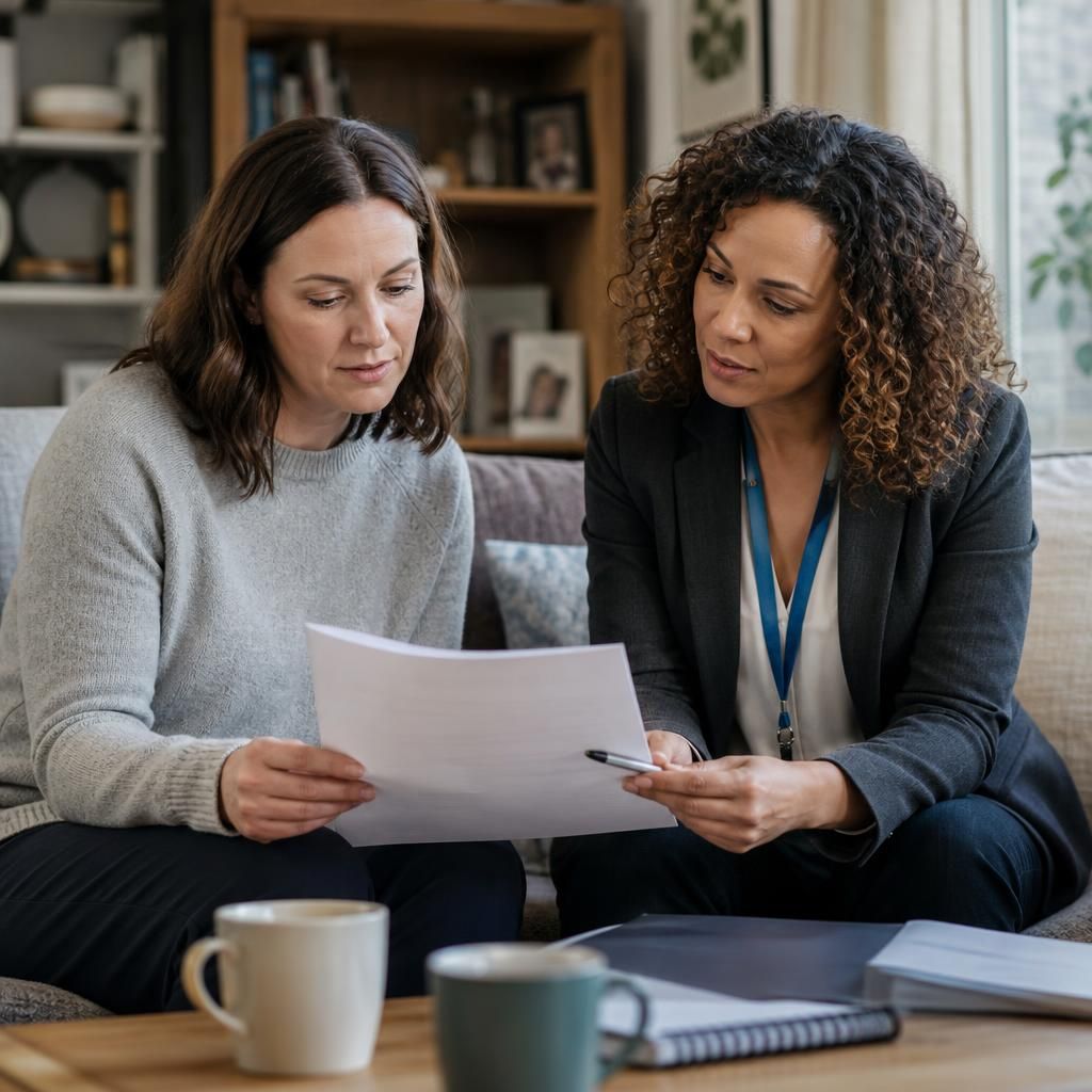 Foster carer reviewing a written placement payment agreement with a social worker