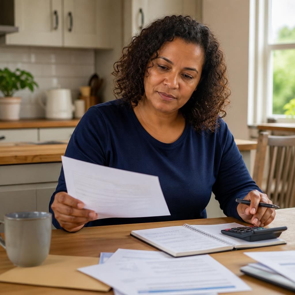 Foster carer reviewing placement paperwork and household budget