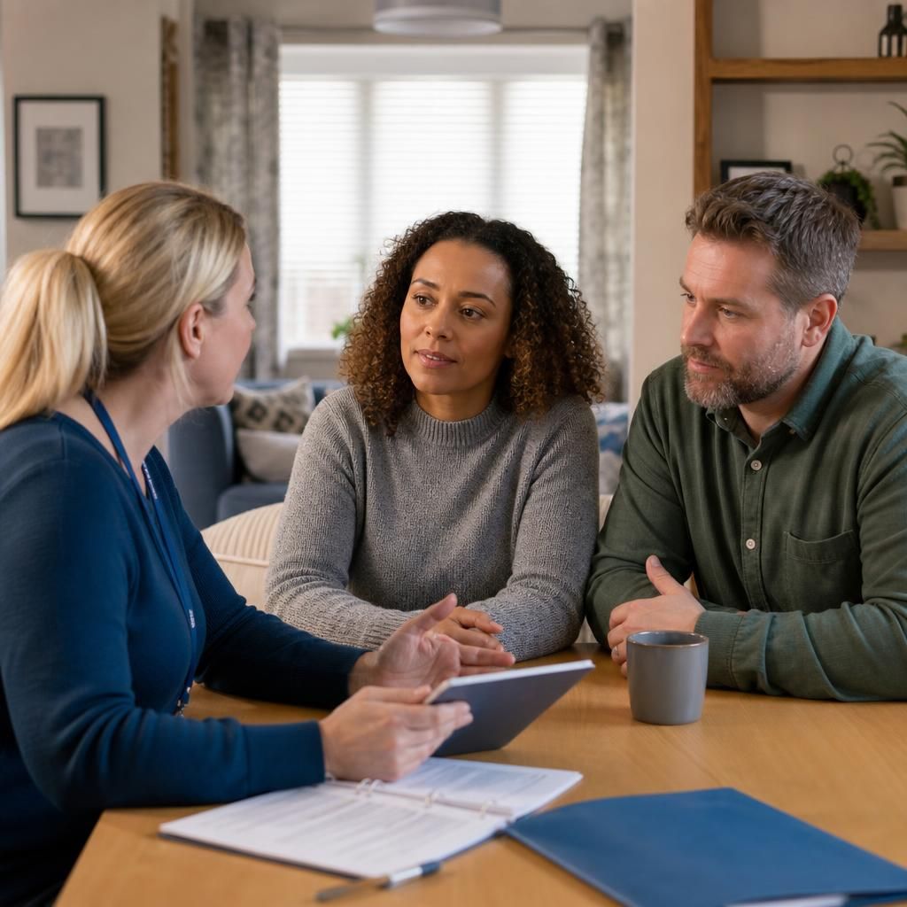 Foster carer discussing updated family circumstances with an assessing social worker