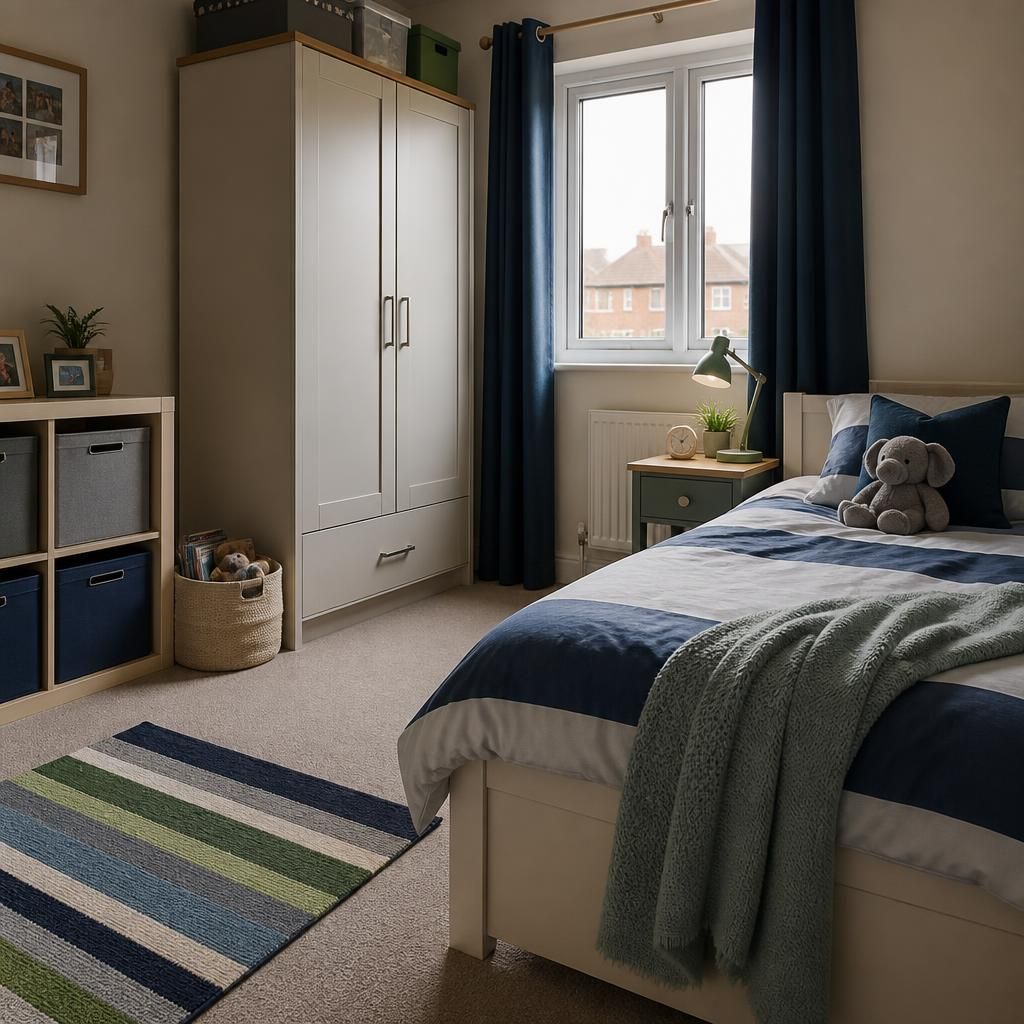 A child's bedroom in a rented family home with a single bed, wardrobe and storage