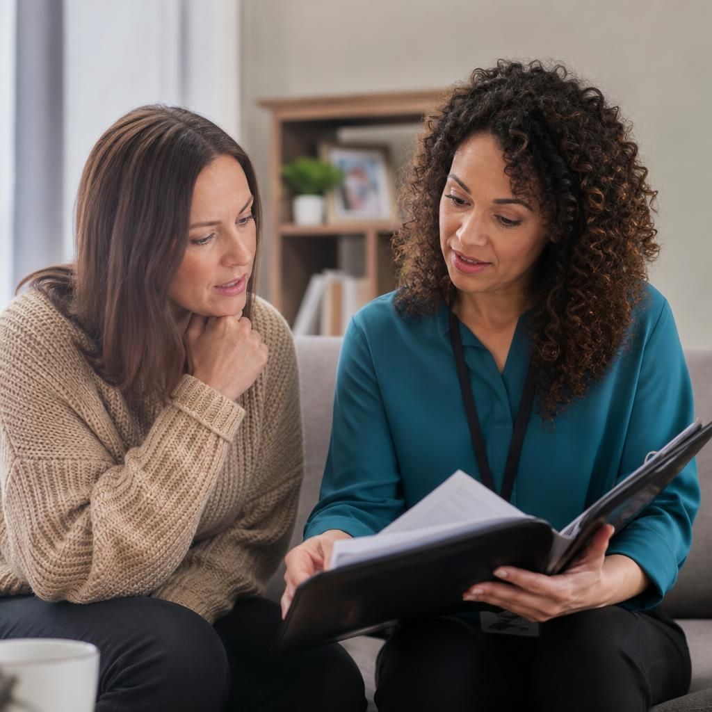 Foster carer and social worker reviewing assessment documents together