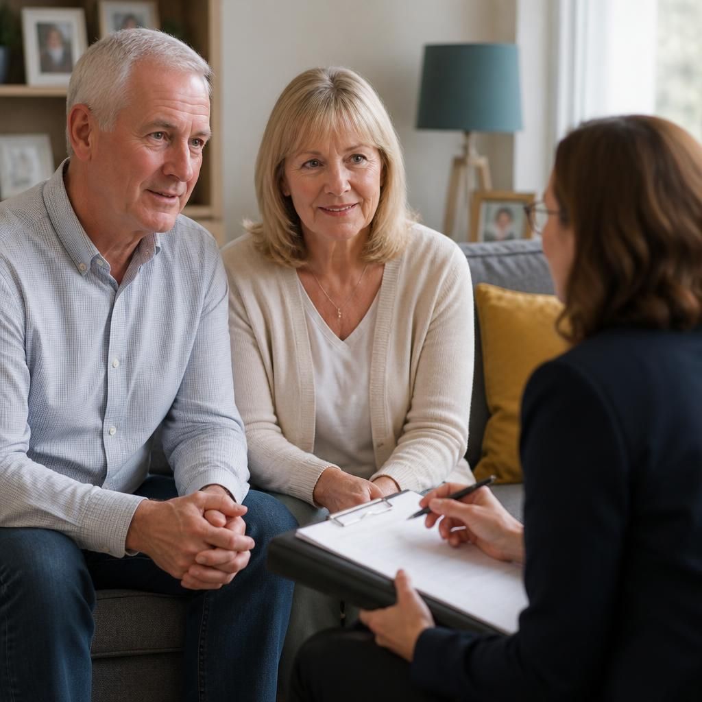 Mature couple discussing fostering with a social worker at home