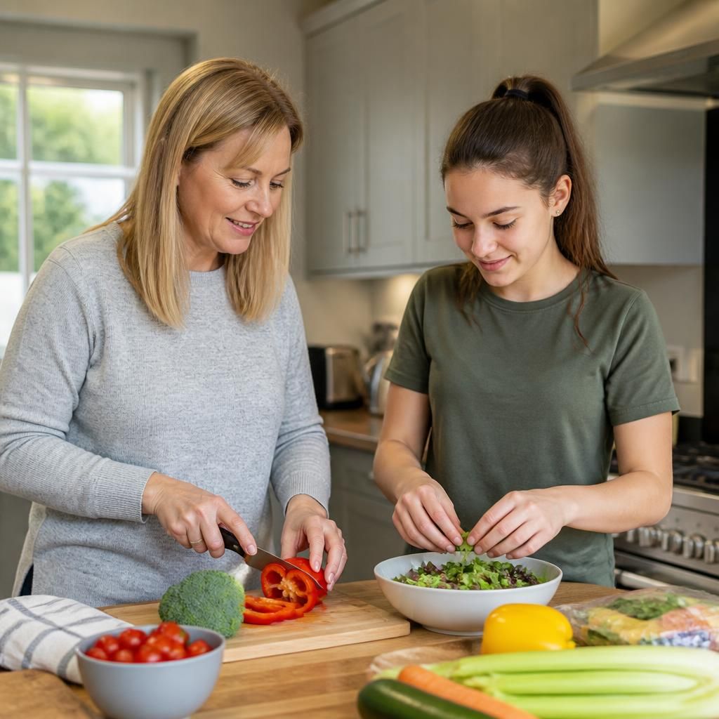 Foster carer and young person preparing a meal together in a kitchen