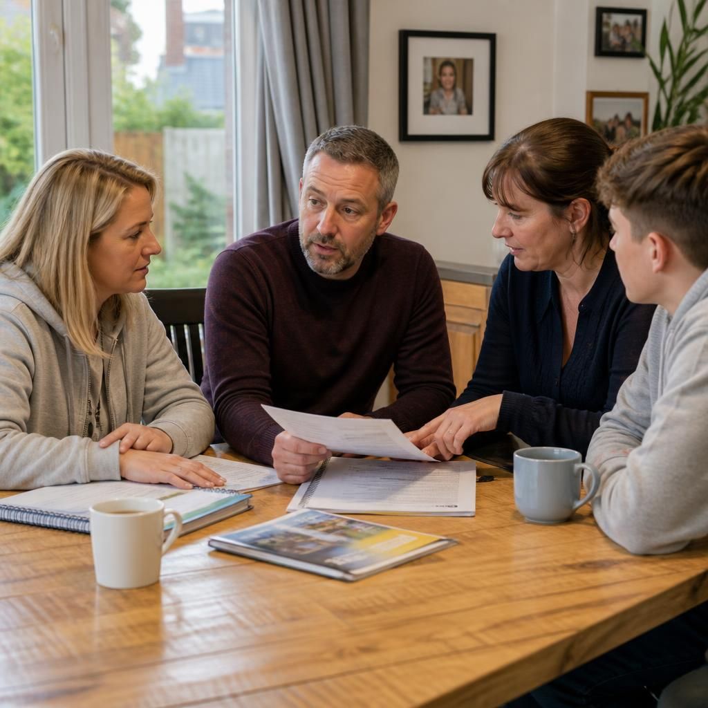 Foster carers and household members discussing training materials around a table