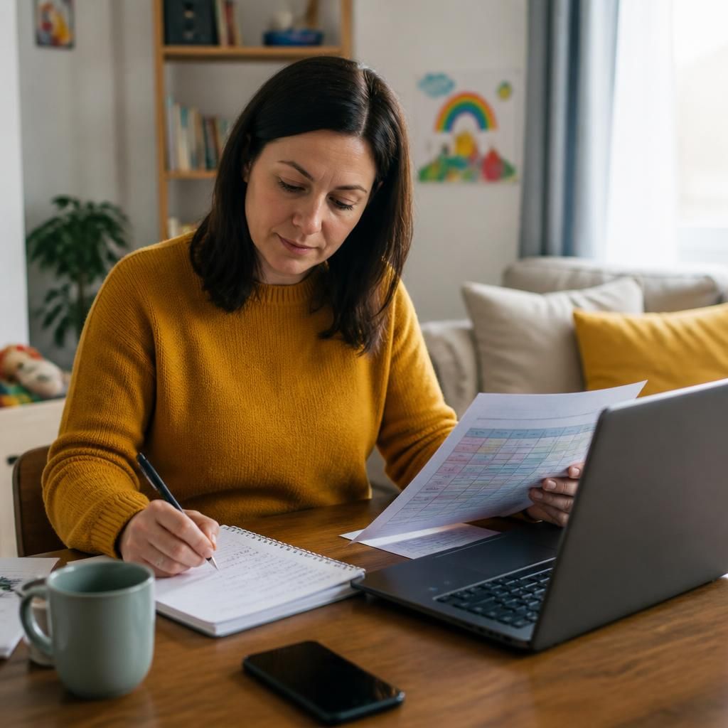Single foster carer reviewing a work schedule at home