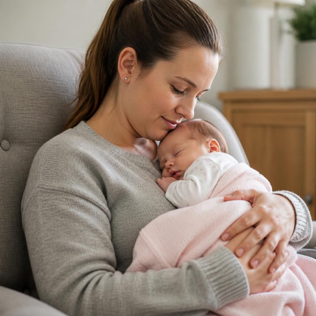 Foster carer holding a sleeping newborn baby safely