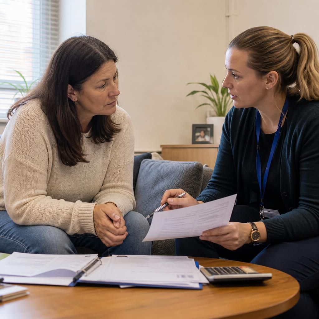 Foster carer discussing placement expenses with a social worker