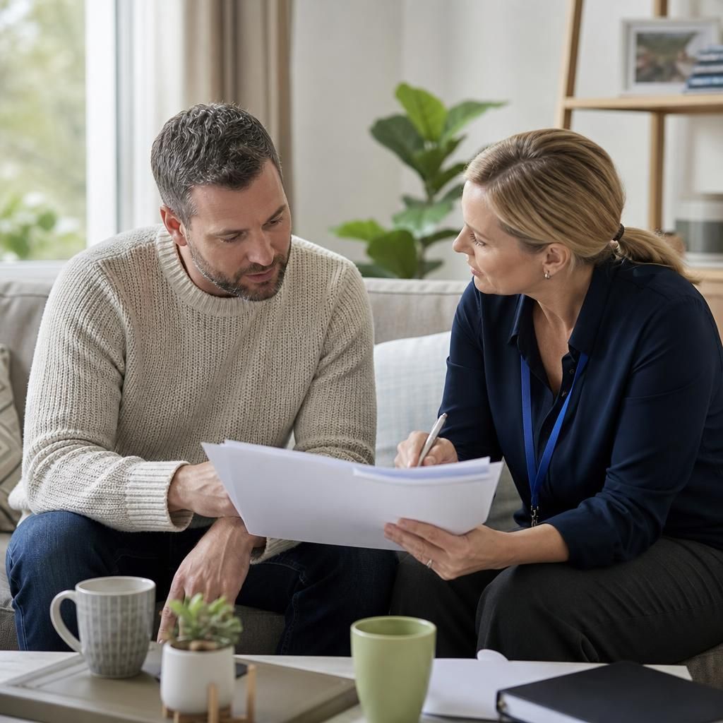 Prospective foster carer reviewing assessment documents with a social worker