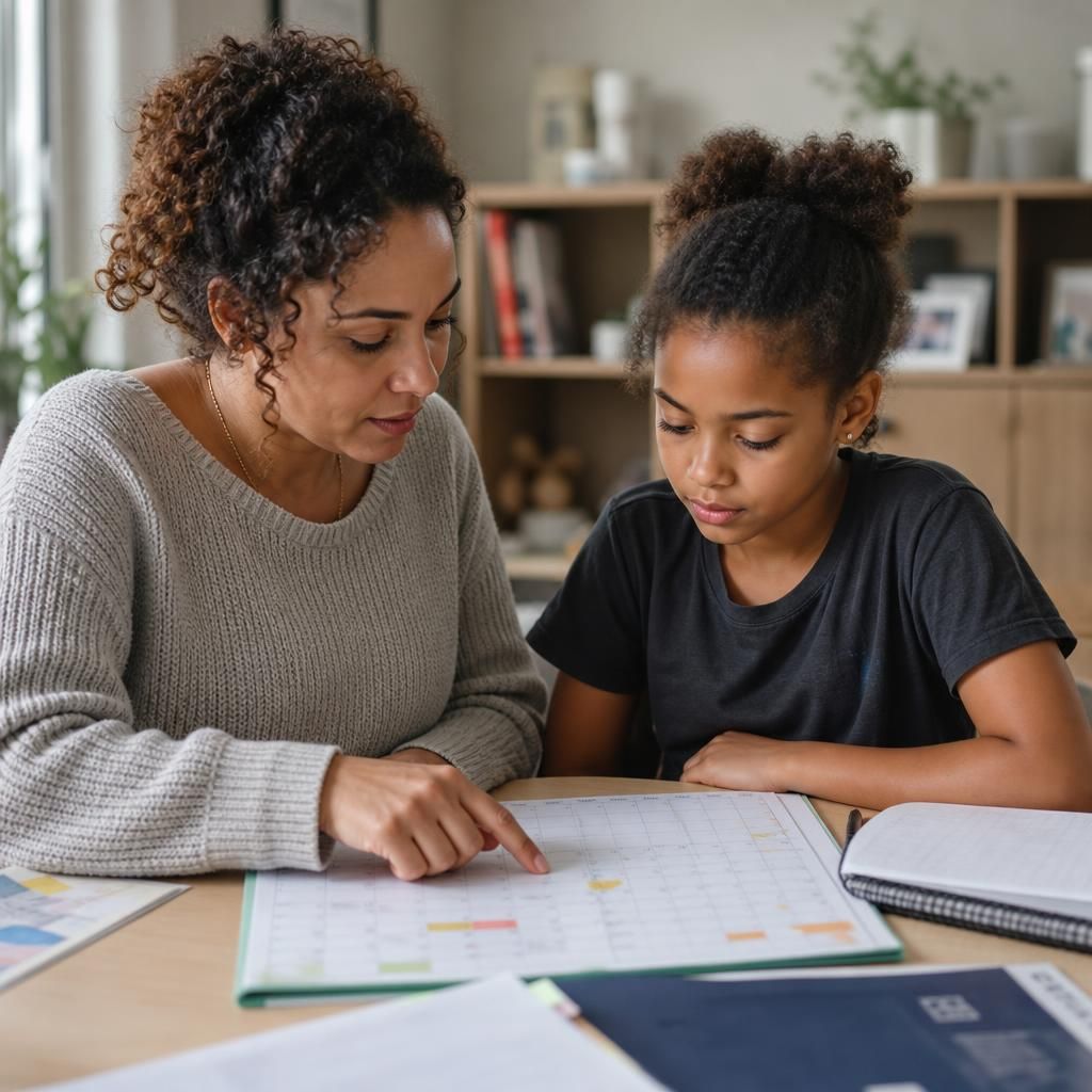 Connected person carer and child reviewing a calendar and care plan