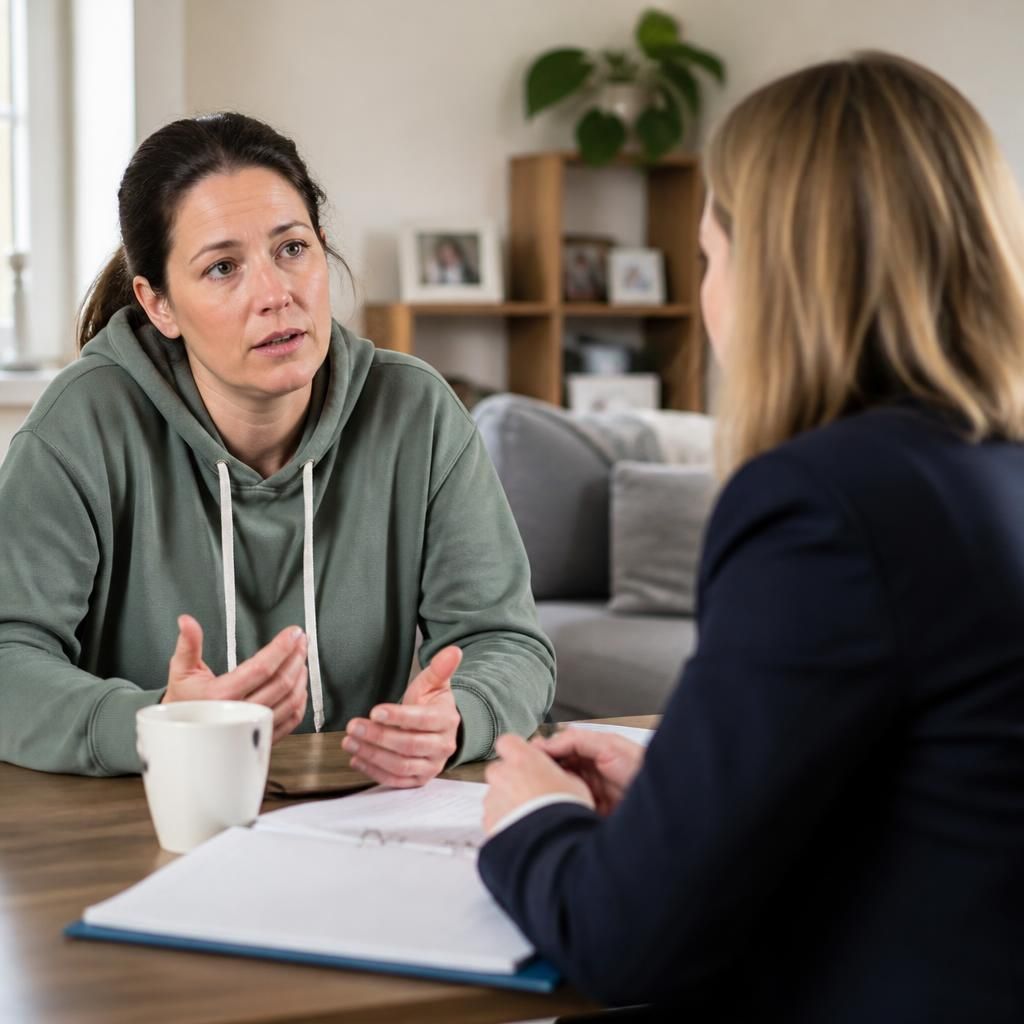 Single foster parent discussing a child’s care plan with a supervising social worker