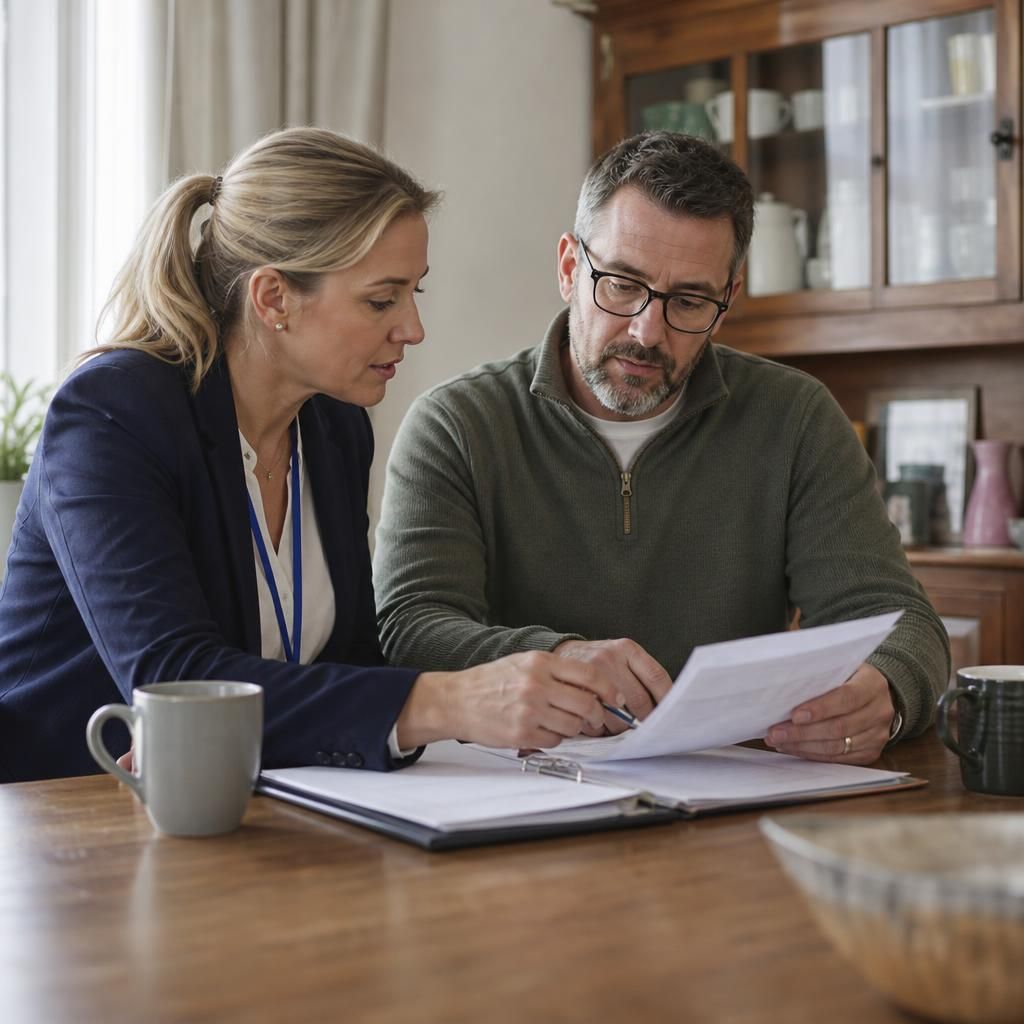 Foster carer and social worker reviewing transfer paperwork at a table