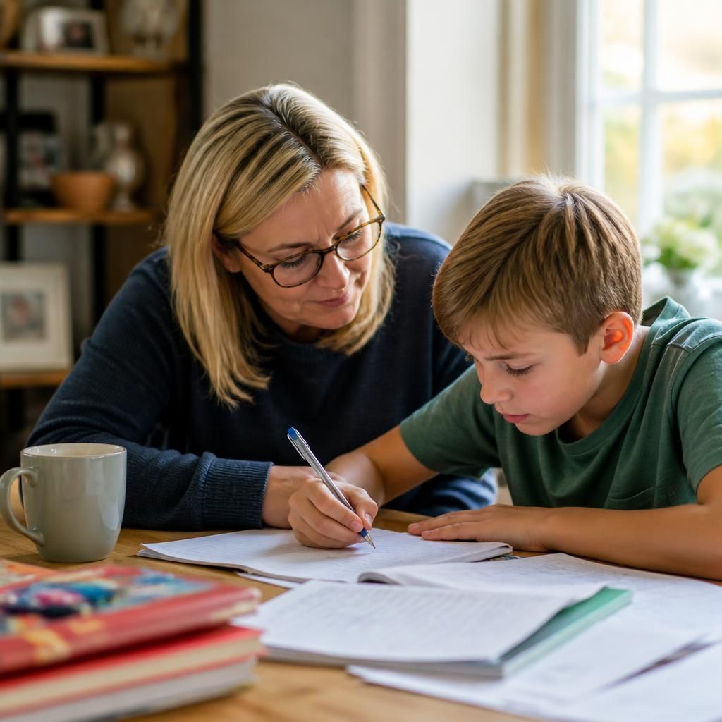Relative caregiver supporting a child with homework at home