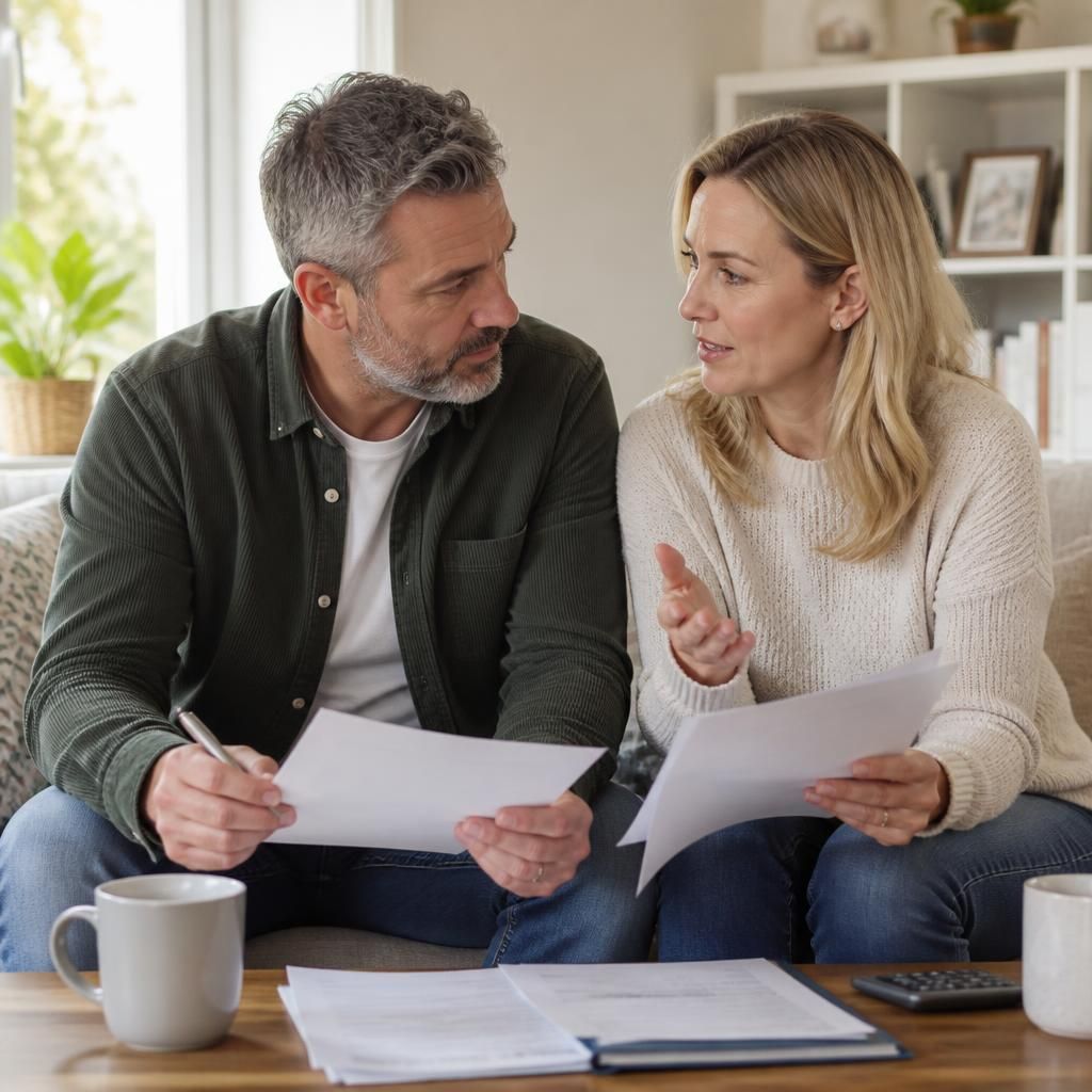 Couple discussing fostering application documents at home
