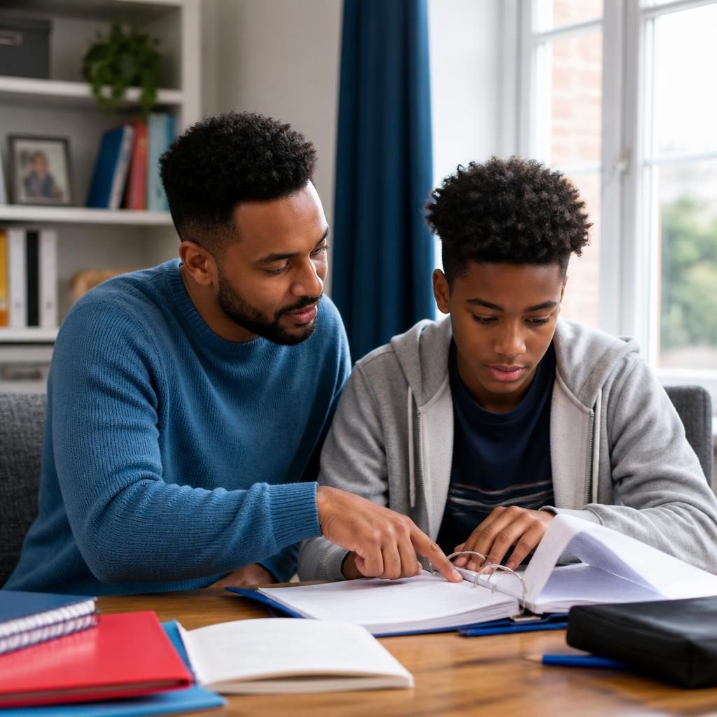 Adult helping a young person organise school materials