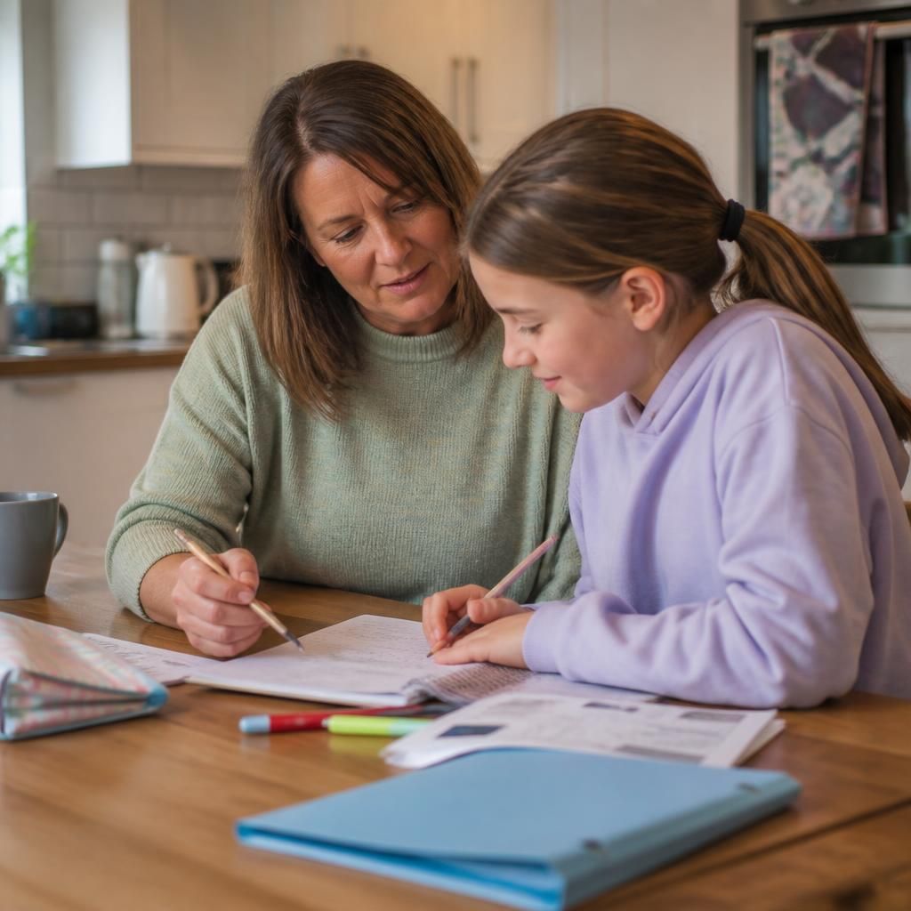 Foster carer discussing schoolwork with a child at a kitchen table