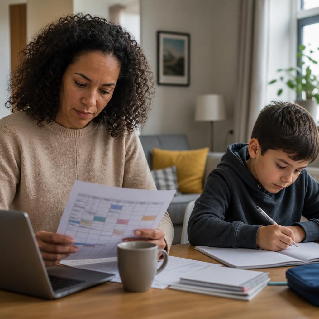 Foster carer reviewing a work schedule while a child completes homework at home