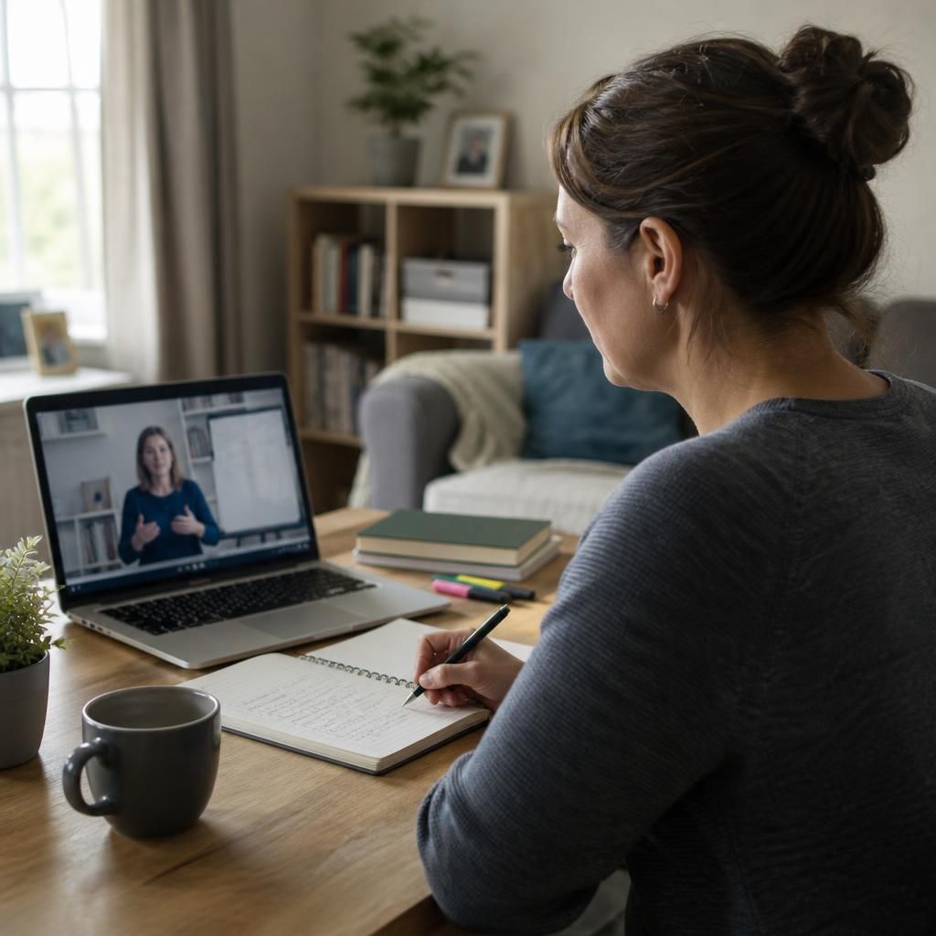 Foster carer taking notes during an online training session on a laptop