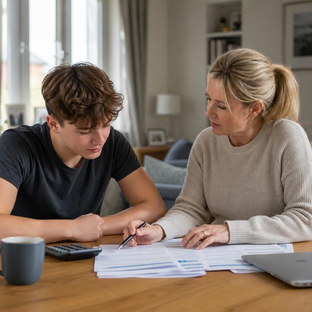 Young person discussing paperwork with a former foster carer at home