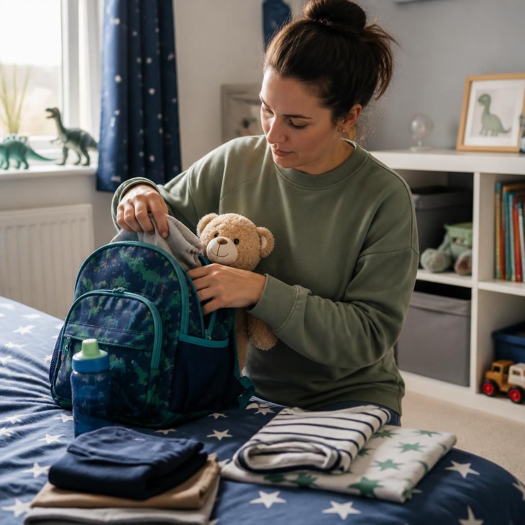 Foster carer preparing items for a young child