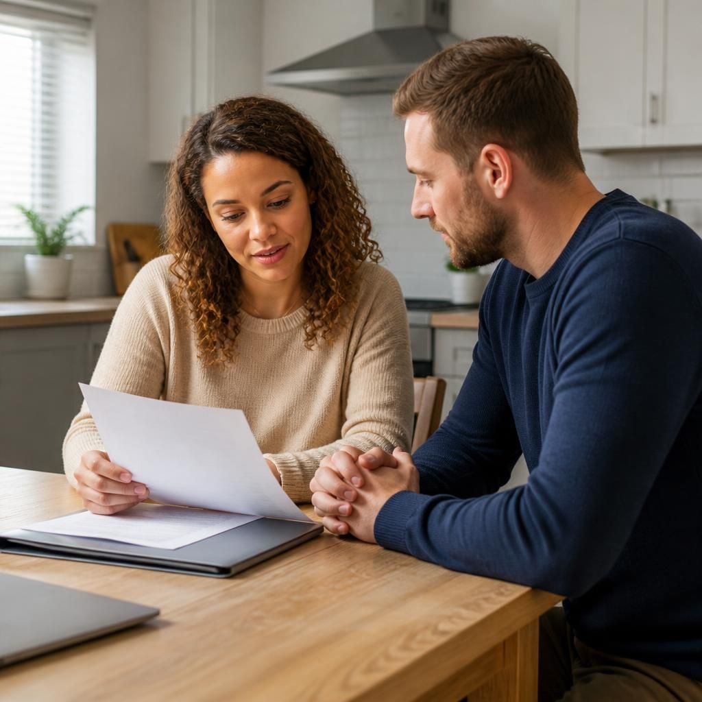 Tenant reviewing a tenancy agreement with a landlord at a kitchen table