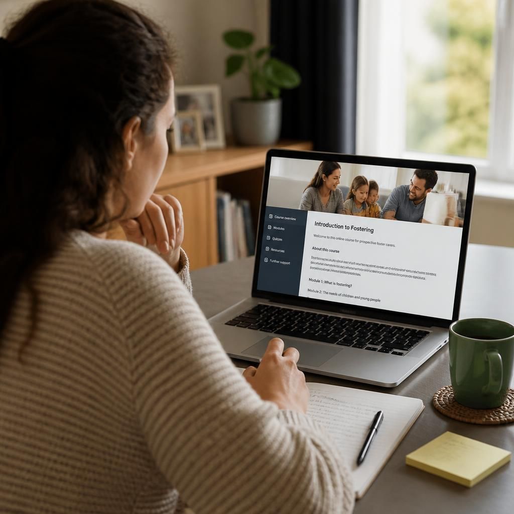 Learner reviewing an online foster training course on a laptop beside course notes
