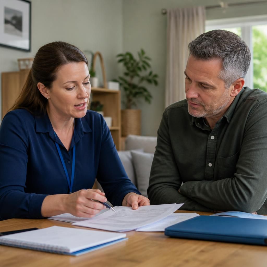 Foster carer reviewing placement documents with a supervising social worker