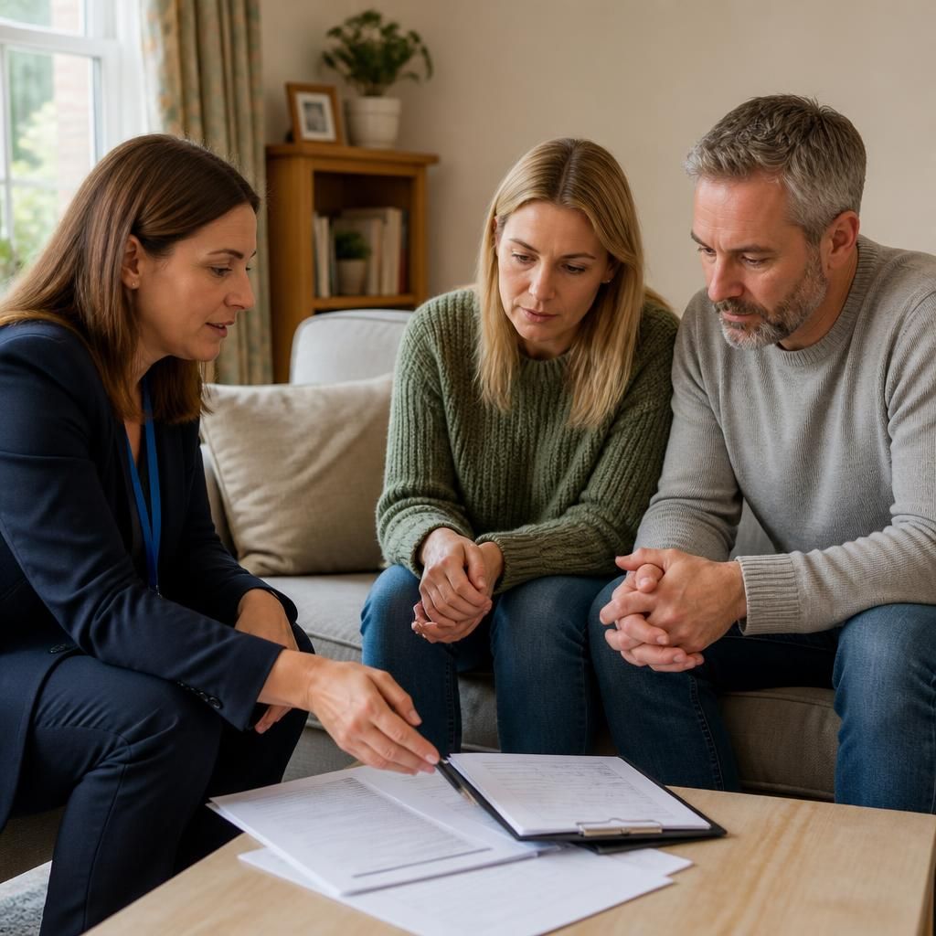 Social worker discussing fostering paperwork with a prospective foster carer at home
